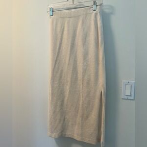 Cream Ribbed Midi Skirt with Side Slit